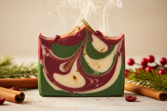 handmade soap bar that describes our holiday sale bundle with chirstmas scents